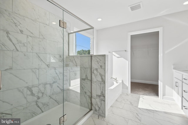 full bath with a bath, visible vents, a marble finish shower, and marble finish floor