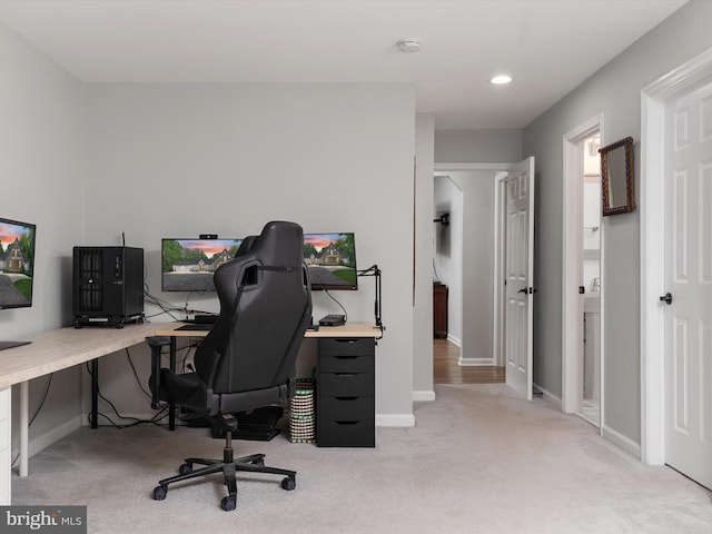 home office featuring carpet flooring, baseboards, and recessed lighting
