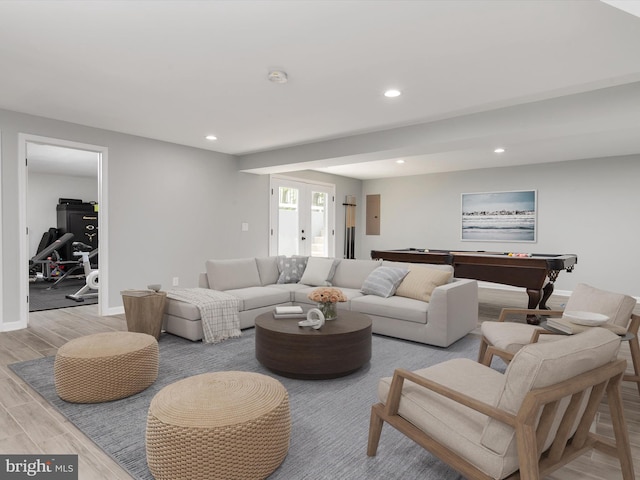 living room featuring recessed lighting, wood finished floors, pool table, and baseboards