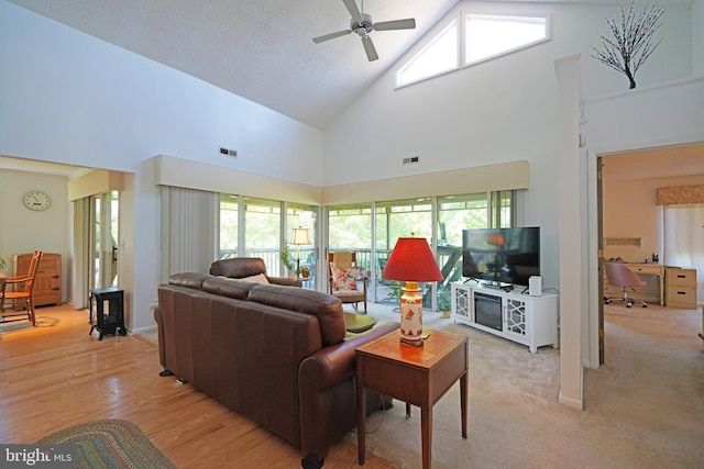 33955 Middleton Cir Unit 5, Lewes, DE 19958 - living area featuring a ceiling fan, high vaulted ceiling, an office area, and light wood-style flooring