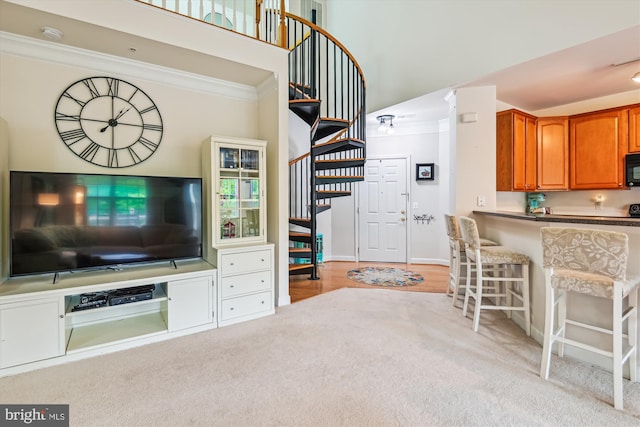 1507 Broadneck Pl Unit 403, Annapolis, MD 21409 - living room featuring stairs, crown molding, carpet floors, a high ceiling, and baseboards