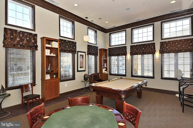 1507 Broadneck Pl Unit 403, Annapolis, MD 21409 - game room featuring baseboards, carpet flooring, pool table, a towering ceiling, and crown molding