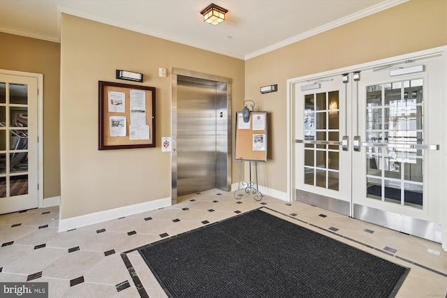 1507 Broadneck Pl Unit 403, Annapolis, MD 21409 - entryway with elevator, french doors, crown molding, baseboards, and tile patterned floors