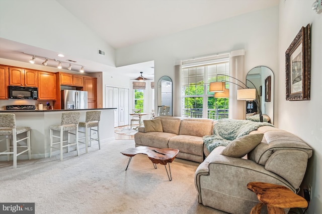 1507 Broadneck Pl Unit 403, Annapolis, MD 21409 - living area featuring light colored carpet, track lighting, and high vaulted ceiling