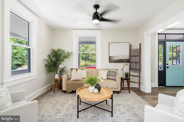 living area with baseboards, wood finished floors, and a wealth of natural light