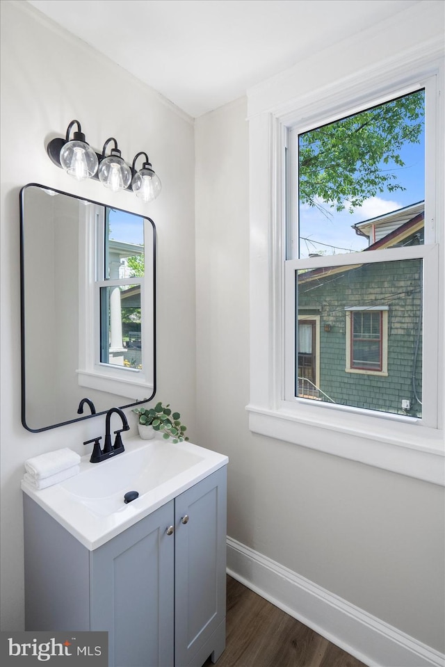 bathroom featuring baseboards, wood finished floors, and vanity