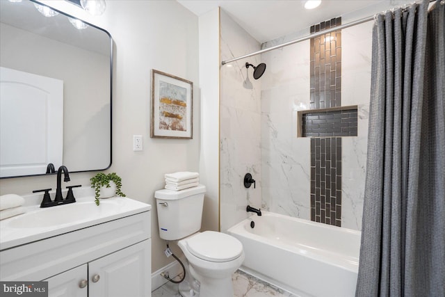 full bathroom featuring shower / tub combo, baseboards, vanity, toilet, and marble finish floor