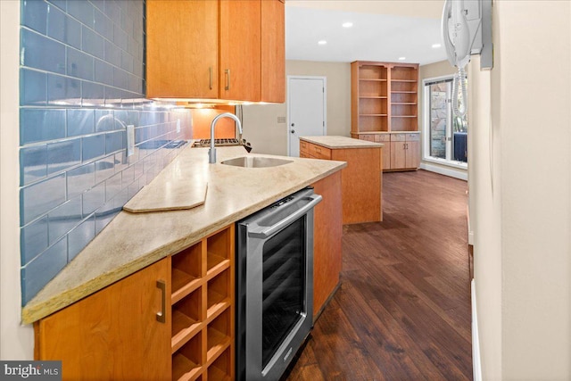 30 Morton Ct, Lawrence Township, NJ 08648 - kitchen featuring beverage cooler, dark wood finished floors, a sink, a kitchen island, and decorative backsplash