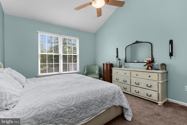 11312 Rawhide Rd, Lusby, MD 20657 - bedroom with carpet flooring, ceiling fan, baseboards, and lofted ceiling