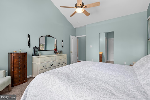 11312 Rawhide Rd, Lusby, MD 20657 - carpeted bedroom featuring high vaulted ceiling and ceiling fan