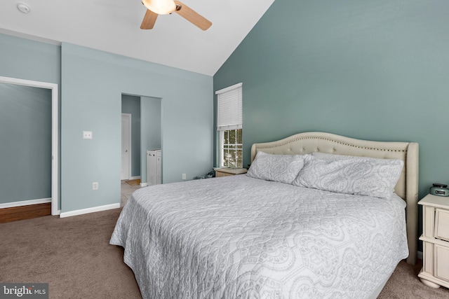 11312 Rawhide Rd, Lusby, MD 20657 - carpeted bedroom featuring baseboards, a ceiling fan, and high vaulted ceiling