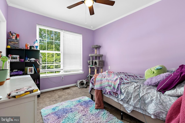 11312 Rawhide Rd, Lusby, MD 20657 - bedroom with carpet floors, a ceiling fan, baseboards, visible vents, and ornamental molding