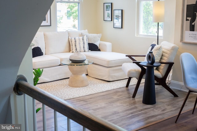 living area featuring baseboards and wood finished floors