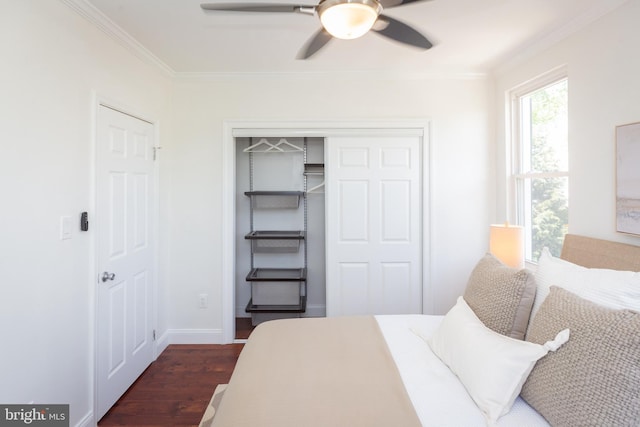 bedroom with ceiling fan, dark wood-style flooring, baseboards, a closet, and ornamental molding