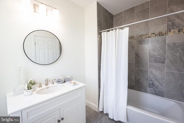 bathroom with vanity and shower / bathtub combination with curtain