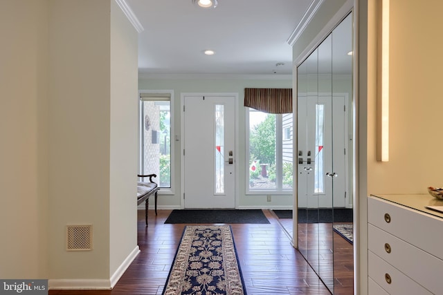 1515 Rockland St, Reading, PA 19604 - entryway with ornamental molding, baseboards, dark wood finished floors, and recessed lighting