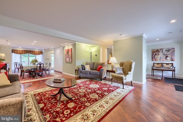 1515 Rockland St, Reading, PA 19604 - living room with ornamental molding, wood finished floors, baseboards, and recessed lighting