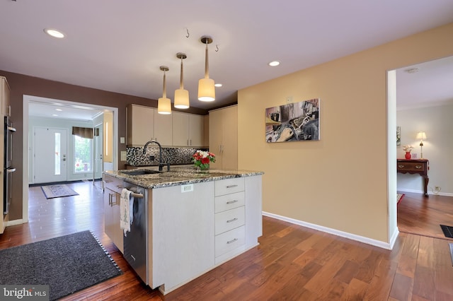 1515 Rockland St, Reading, PA 19604 - kitchen with dishwasher, a sink, white cabinets, dark wood finished floors, and stone counters