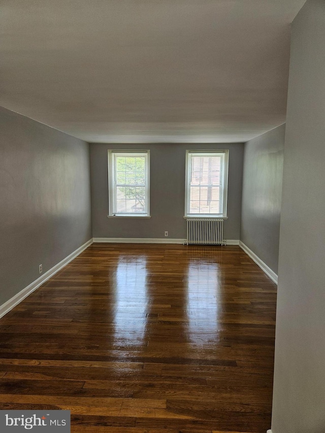 spare room featuring radiator, baseboards, wood finished floors, and a wealth of natural light