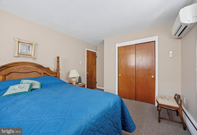 603 Bywood Ave, Upper Darby, PA 19082 - bedroom featuring carpet flooring, a wall unit AC, a closet, baseboards, and a baseboard radiator