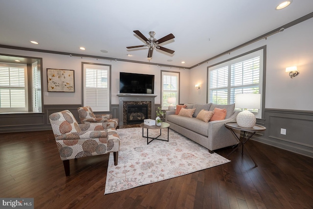 living room with crown molding, wainscoting, a healthy amount of sunlight, and dark wood-type flooring