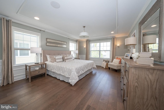 bedroom featuring ornamental molding, recessed lighting, and dark wood-type flooring