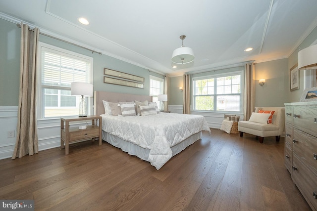 bedroom featuring crown molding, recessed lighting, and dark wood-style flooring