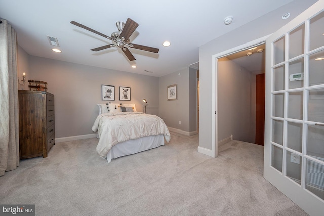 bedroom with visible vents, baseboards, ceiling fan, recessed lighting, and carpet