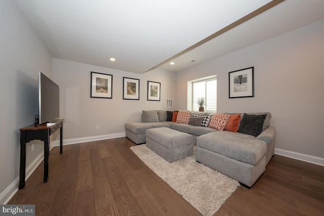 living area with baseboards, visible vents, recessed lighting, and dark wood-type flooring