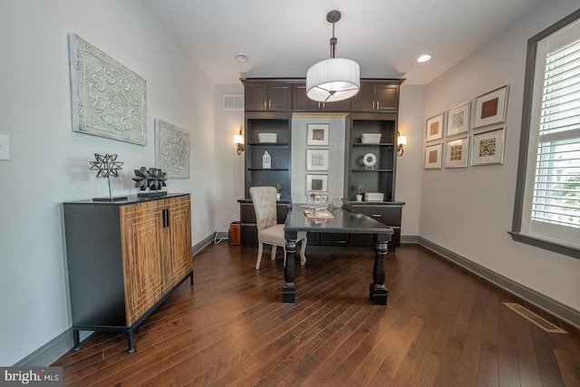 office space with recessed lighting, baseboards, dark wood-style floors, and visible vents