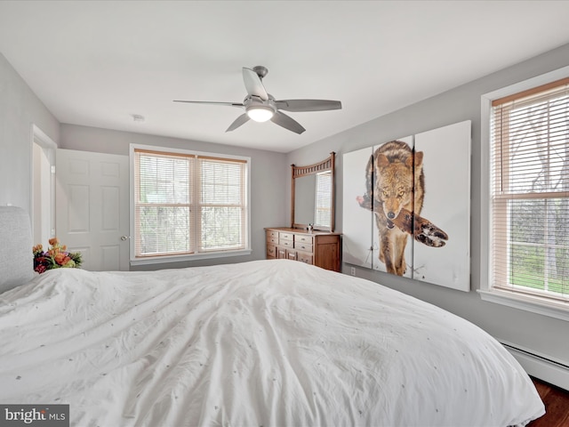 bedroom with ceiling fan and baseboard heating