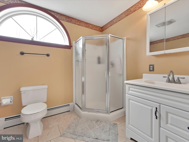 bathroom featuring baseboard heating, a shower stall, and visible vents