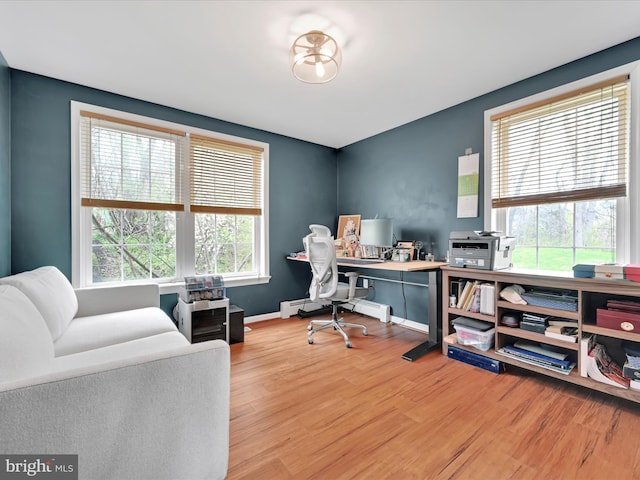 office featuring baseboards and wood finished floors