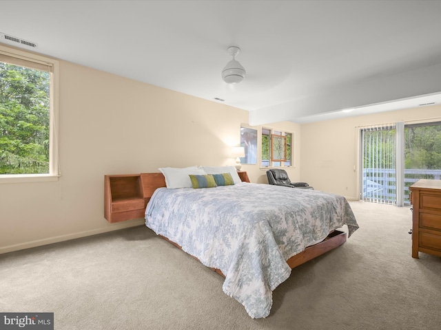 bedroom with access to exterior, carpet floors, multiple windows, and baseboards