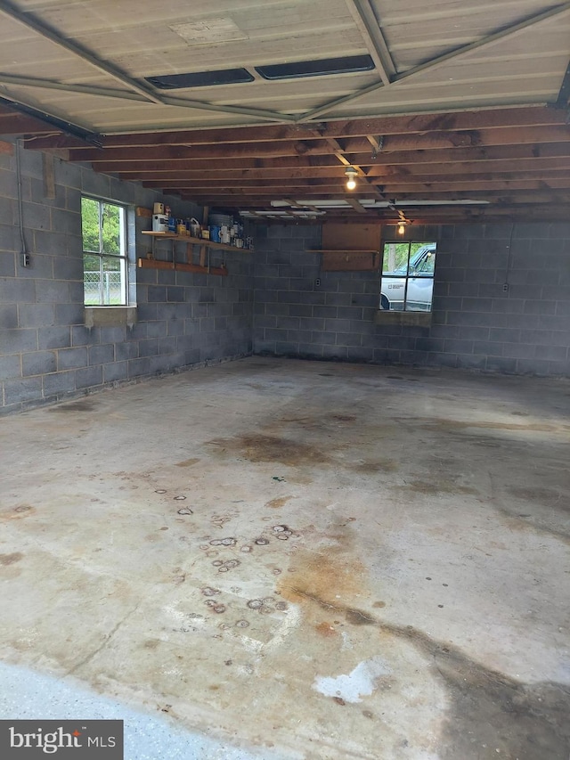 below grade area featuring concrete block wall and a garage