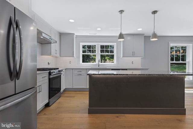 kitchen featuring under cabinet range hood, a sink, plenty of natural light, and appliances with stainless steel finishes
