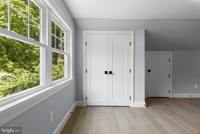 interior space featuring vaulted ceiling, light wood finished floors, a wealth of natural light, and baseboards