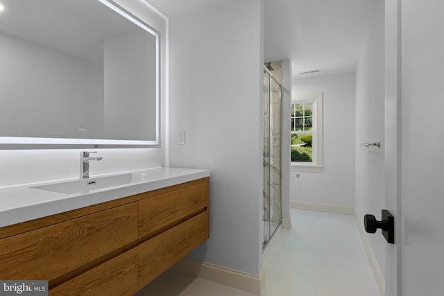 full bath with a shower stall, baseboards, vanity, and visible vents
