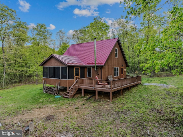 82 Vista River Ln, Paw Paw, WV 25434 - rear view of property with a yard, a standing seam roof, metal roof, a sunroom, and a deck