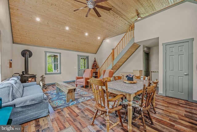 82 Vista River Ln, Paw Paw, WV 25434 - dining room featuring a wood stove, high vaulted ceiling, wooden ceiling, ceiling fan, and stairway