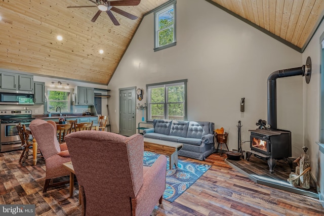 82 Vista River Ln, Paw Paw, WV 25434 - living area featuring ceiling fan, high vaulted ceiling, wood ceiling, and a wealth of natural light