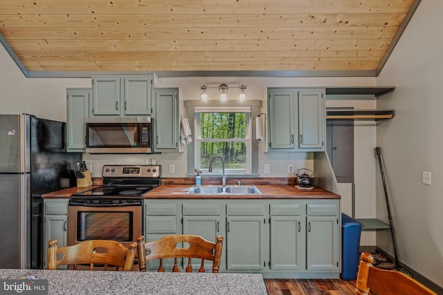 82 Vista River Ln, Paw Paw, WV 25434 - kitchen with a sink, stainless steel appliances, dark wood-type flooring, wooden ceiling, and wooden counters