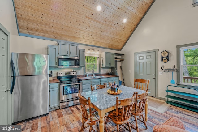82 Vista River Ln, Paw Paw, WV 25434 - kitchen featuring stainless steel appliances, high vaulted ceiling, wooden ceiling, and plenty of natural light