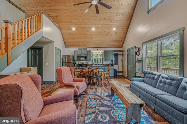 82 Vista River Ln, Paw Paw, WV 25434 - living area featuring wooden ceiling, ceiling fan, high vaulted ceiling, and wood finished floors