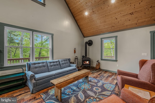 82 Vista River Ln, Paw Paw, WV 25434 - living area with wooden ceiling, baseboards, high vaulted ceiling, wood finished floors, and a wood stove