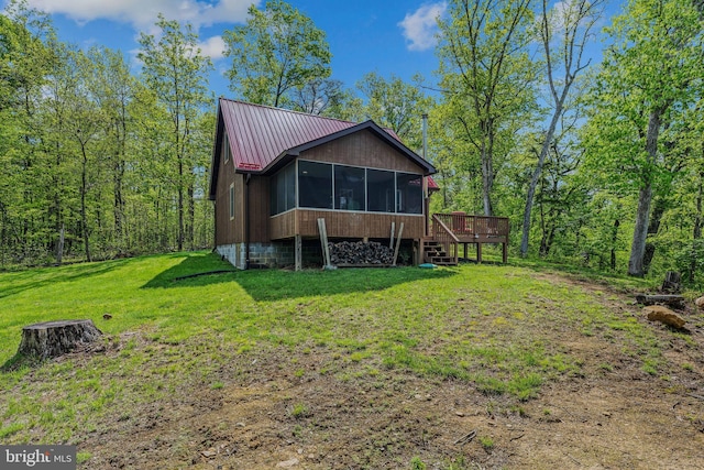 82 Vista River Ln, Paw Paw, WV 25434 - back of property with a yard, metal roof, stairs, a sunroom, and a wooden deck