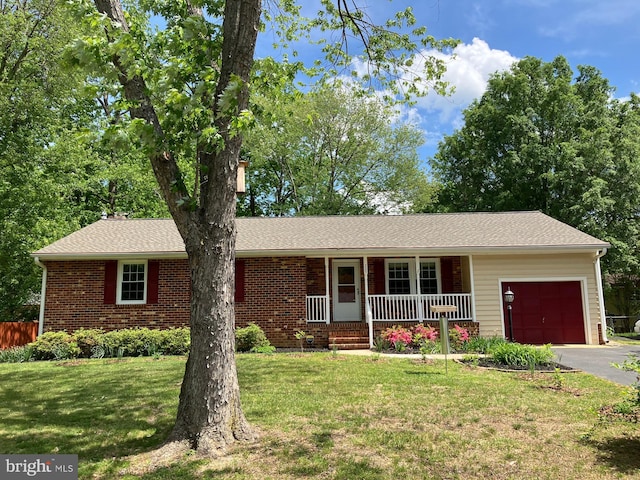 single story home featuring a garage, covered porch, driveway, and brick siding