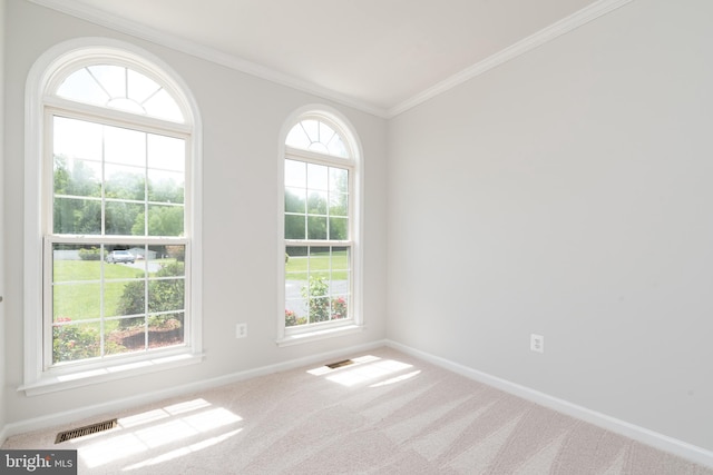 carpeted spare room featuring baseboards and ornamental molding