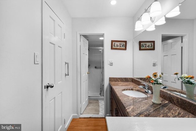5025A S Convent Ln Unit 142, Philadelphia, PA 19114 - bathroom featuring vanity, a stall shower, recessed lighting, and tile patterned flooring