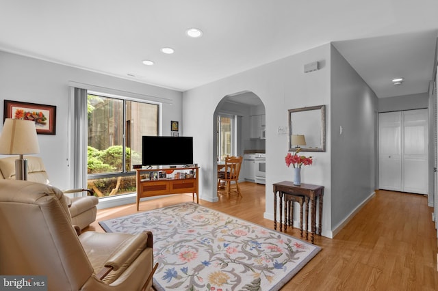 5025A S Convent Ln Unit 142, Philadelphia, PA 19114 - living room with arched walkways, light wood-style floors, baseboards, and recessed lighting